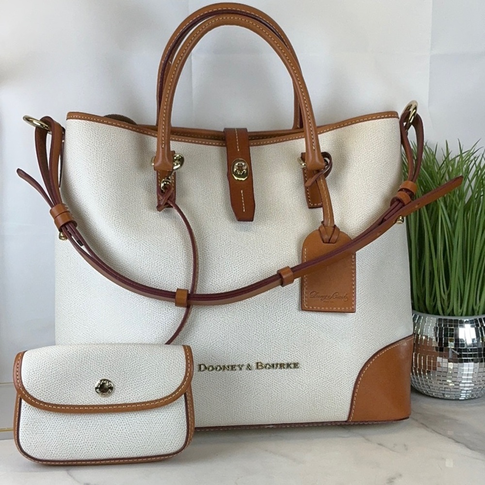 Dooney & Bourke Cream Canvas Tote with Brown Leather Trim and Matching Pouch - Picture 6 of 16